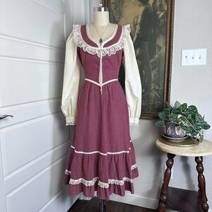 Vintage 70s Gunne Sax prairie long sleeve casual dress red gingham corset Size 7